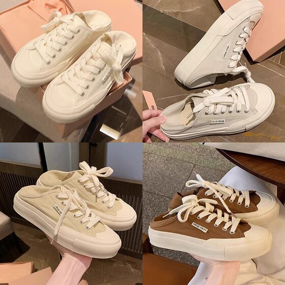 Grape Mom studiolee Small Round Head Stomp Heel Lace-up Low-top Casual Style Canvas Shoes for Women Summer 2024 New