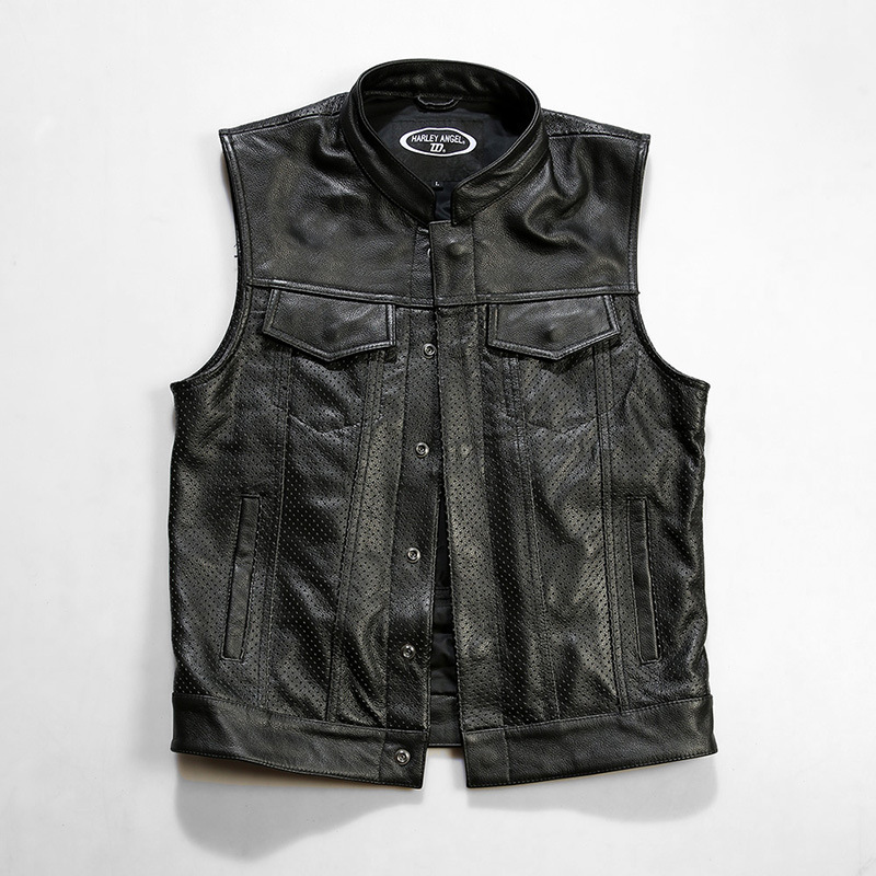 Stand Collar Pointed Pocket Genuine Leather Mesh Vest Men's Multi-Pocket Harley Club Motorcycle Leather Vest