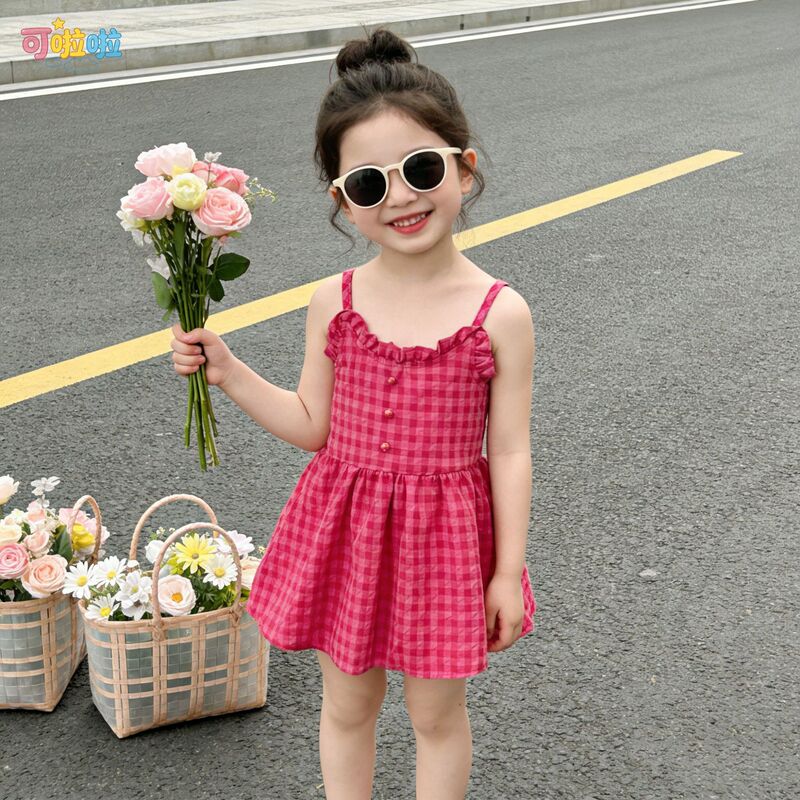 Girls' Rose Red Plaid Summer New Stylish Cute Baby Dress with Suspenders, Fashionable and Versatile, Comfortable Children's Dress