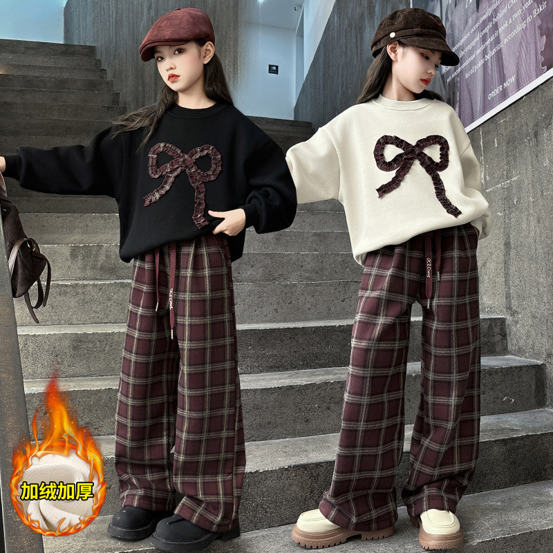 女童加绒卫衣套装秋冬季洋气时髦中大童女孩宽松格子阔腿裤两件套
