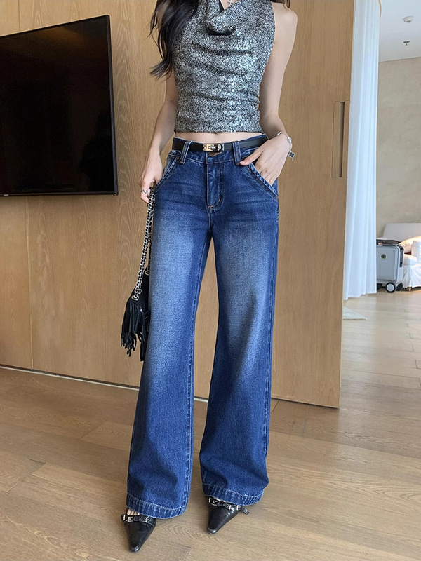 现货美式复古辣妹低腰牛仔裤做旧水洗显瘦长裤直筒拖地显腿长裤子|undefined