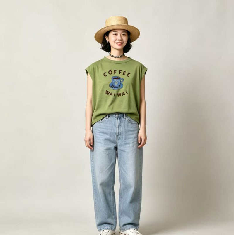 Directly Supplied from the Original Factory, Foreign Trade Clothing, 45R-M Style Blouse with Coffee Pattern, T-Shirt, New Japanese Style Coffee Pattern Couple's Model
