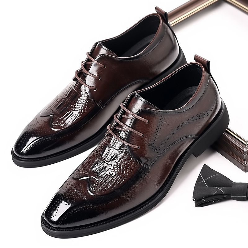 First-Layer Cowhide British Style Men's Shoes Business Formal Genuine Leather Shoes Brogue Leather Shoes Men's Crocodile Pattern Wholesale