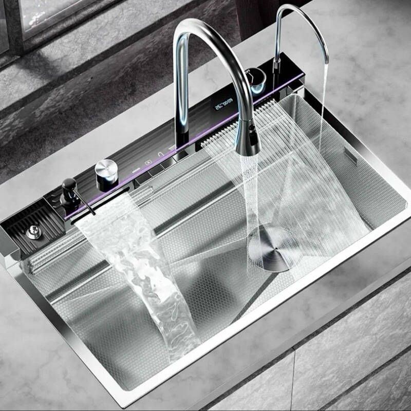 Original color 304 stainless steel whale rain shower waterfall sink with honeycomb embossed texture, kitchen washbasin, large single sink