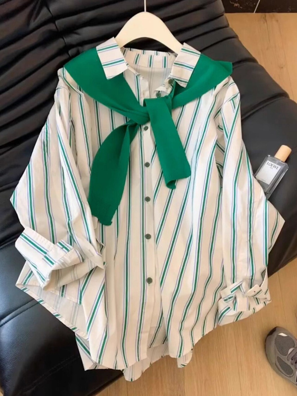 绿色条纹翻领长袖衬衫女秋季新款设计感小众宽松独特漂亮法式上衣|undefined