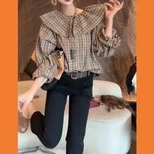 娃娃领格子衬衫2025新款宽松洋气上衣欧洲站显瘦减龄衬衣长袖女装