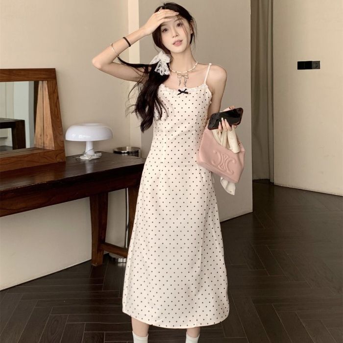 韓国水玉サスペンダーリボンドレスレディース夏新作優しい気質小柄ミドル丈Aラインスカート|undefined