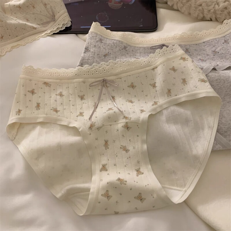 "Sweetheart Bear" Antibacterial Lengthened Crotch Pastoral Style Cute Girl's Cotton Underwear 10A Antibacterial Triangle Head