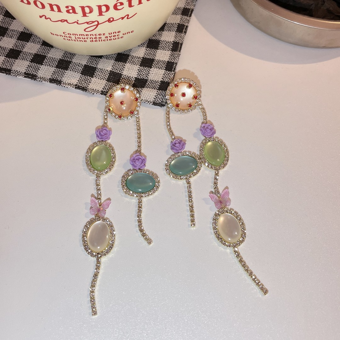 Fashion Flower Bow Knot natural stone Moonstone Inlay Rhinestones Drop Earrings 1 Pair