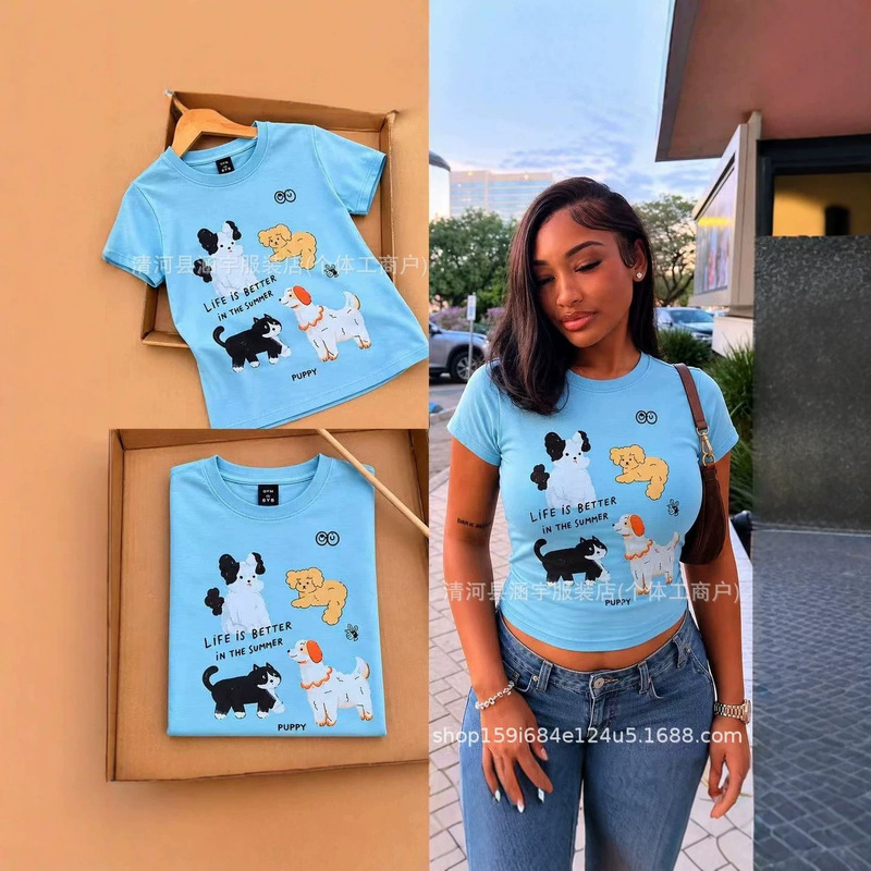 BasicTops New Slim-Fit Short-Sleeve Cartoon Print Versatile Slimming Basic Top White Women's High-Stretch T-Shirt