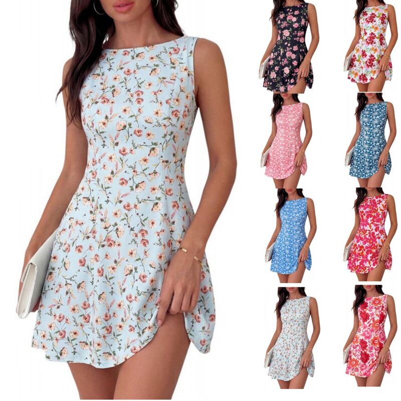 European and American Style Light Blue Floral Dress for Women, Sleeveless, Waist-Cinching, Slimming A-Line Short Dress, Foreign Trade Women's Clothing