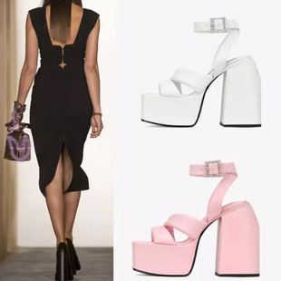 2022 New Amazon square toe thick waterproof hate sky high chunky heel catwalk high heel women's shoes source manufacturer