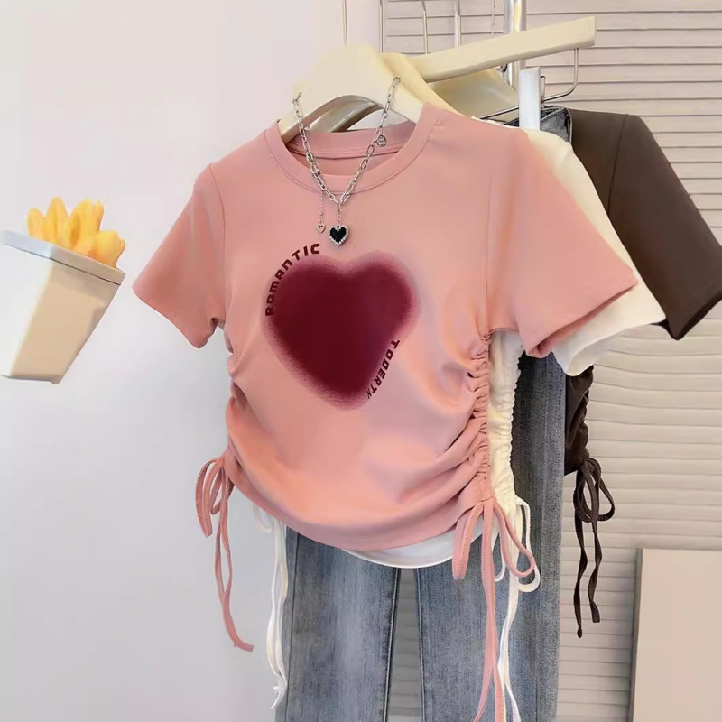 Short-sleeved T-shirt Women's Summer New Korean-style Pink Shoulder Hot Girl Slim-fit Drawstring Design Sense Printed Round Neck Top Trendy Short-sleeved T-shirt Women's Summer New Korean-style Pink Shoulder Hot Girl Slim-fit Drawstring Design Sense Printed Round Neck Top Trendy