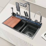 跨境鲸鱼飞雨瀑布水槽多功能不锈钢大单槽纳米厨房水槽带手机支架