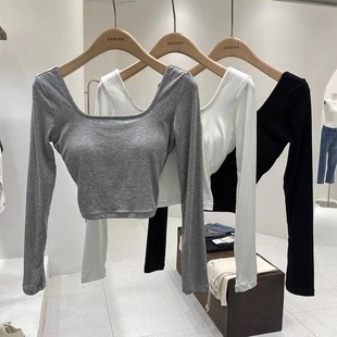 A057 # Early Autumn Sexy Deep U-Neck Long-Sleeve T-Shirt with Chest Pads to Prevent Exposure, Solid Color Beautiful Back Top
