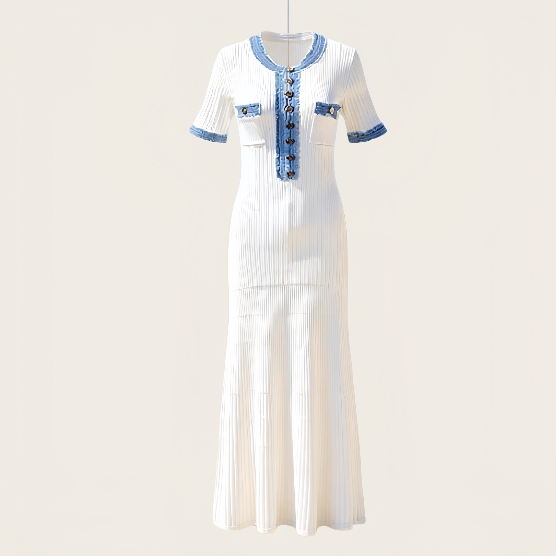 Elegancki damski sweter D, nowy letni, dżinsowy, patchworkowy, długi, z guzikami i okrągłym dekoltem, dzianinowy_voghion.com