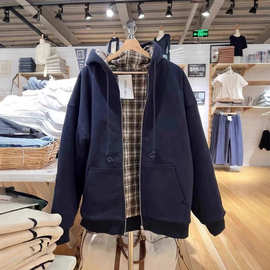 BM风咖啡格子内衬拉链开衫宽松棉服外套夹棉加厚连帽拉链卫衣女潮
