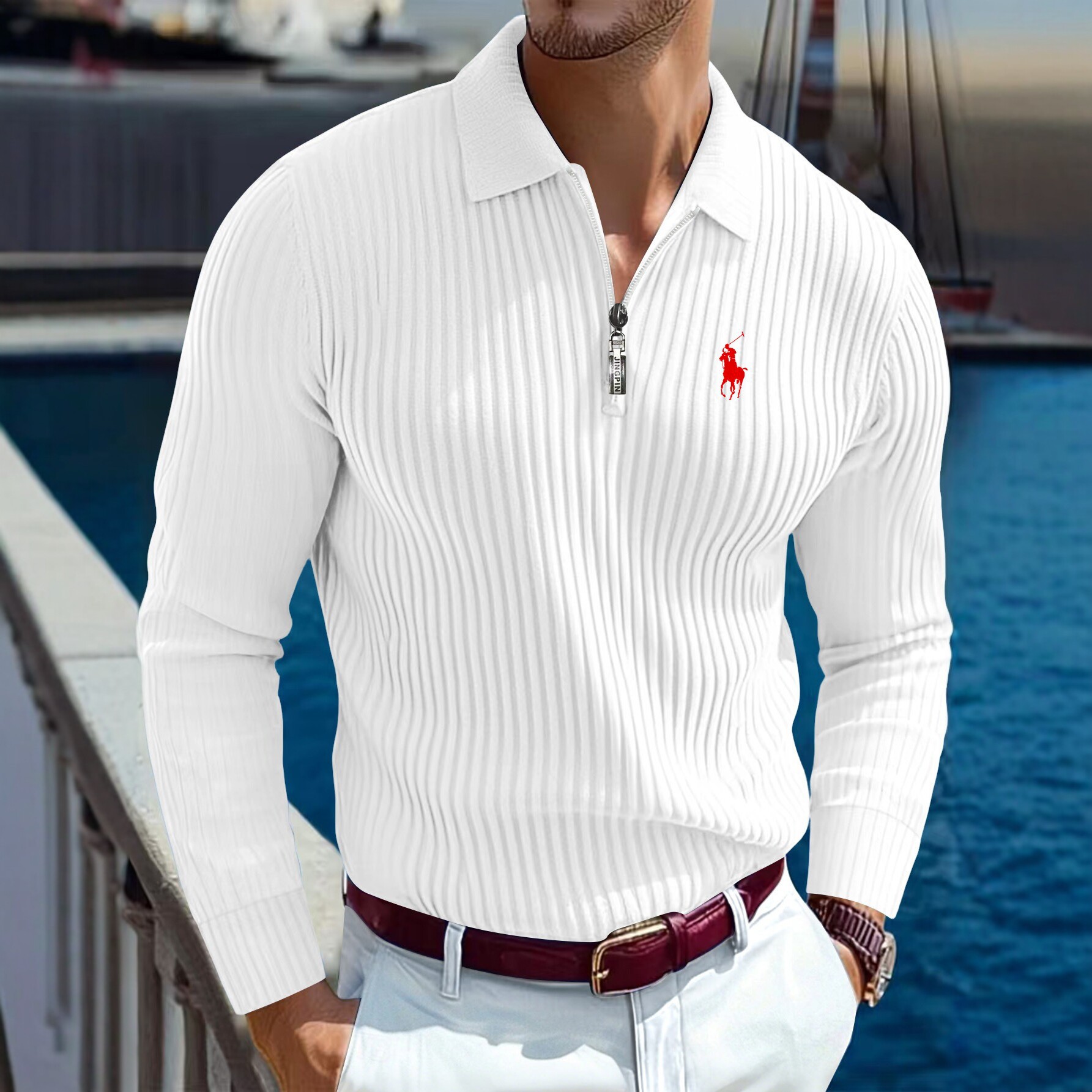 2026新款夏季男士针织翻领长袖Polo衫条纹半拉链休闲时尚刺绣上衣