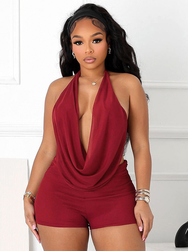 Cross-Border Wholesale European and American Clothing Hot Girl Style Sexy Swing Collar Halterneck Backless Top High Waist Super Shorts Two-Piece Set