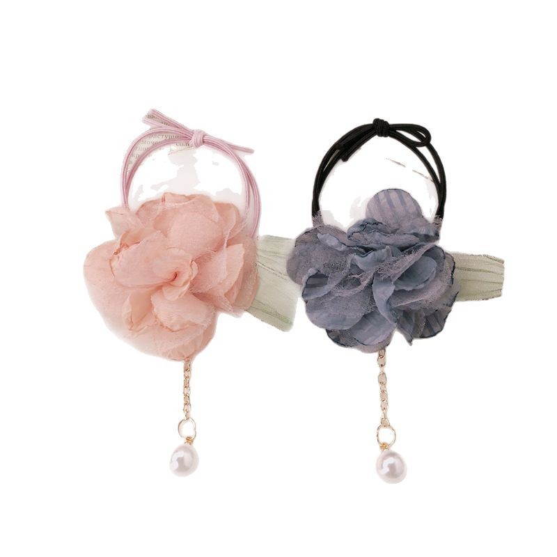 Correas de cabeza de gardenia de celebridades de Internet, sentido de alta gama, flores dulces japonesas y coreanas, lazo para el cabello con borla de perlas, temperamento, cuerda para el cabello suave, banda elástica