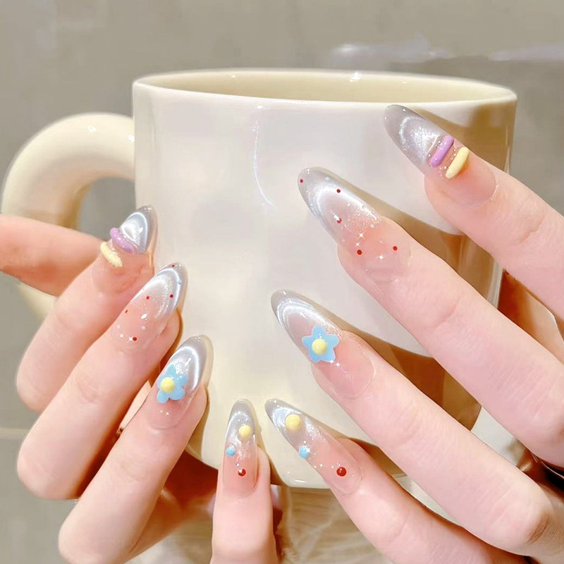 3D Stereo New Handmade Wearable Nails, Embossed Flower Color Dot Manicure, 10 Pieces of Coded Cat Eye Nails