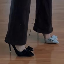 韩版高跟鞋女细跟尖头显瘦浅口女鞋2024新款性感蝴蝶结侧镂空单鞋