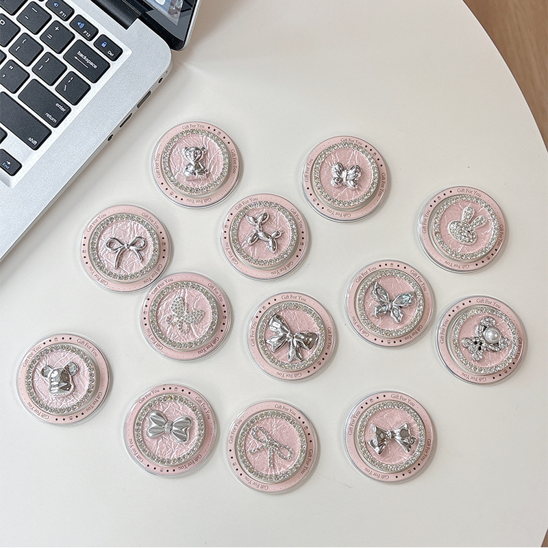 Pink Magnetic Electroplated Bear Bow Tie Puppy Rabbit Mobile Phone Airbag Holder Suitable for Magsafe Telescopic Creative