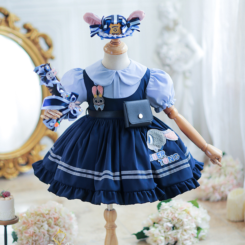 Girls 2025 Summer Rabbit Police Officer Short Sleeve Summer Lolita Princess Skirt Birthday Dress
