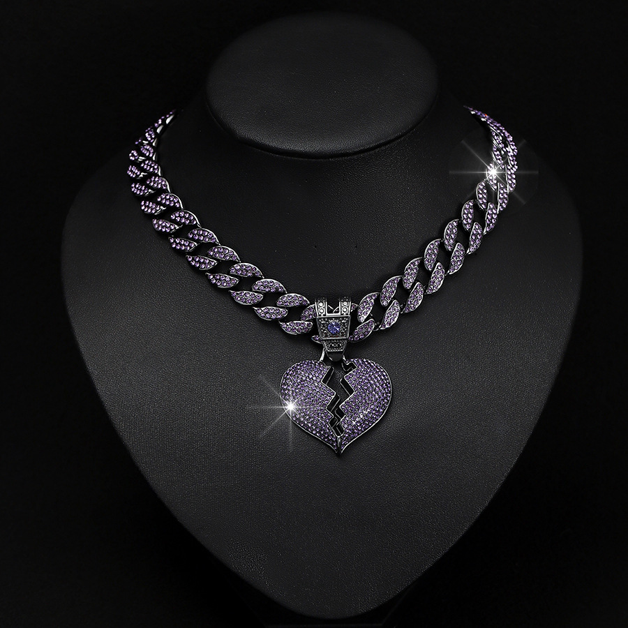 Accessori per gioielli da sposa alla moda, ciondolo a forma di cuore spezzato cubano hip hop con diamanti viola_voghion.com