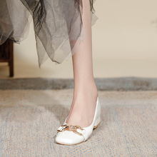韓版chic女鞋巨軟牛皮單鞋方頭鏈條復古舒適粗跟薄款休閑淺口鞋潮