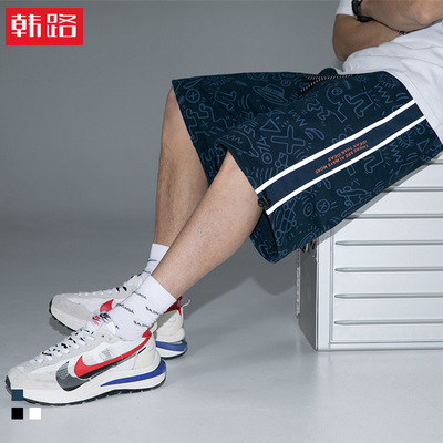 韩路日系男装 2021夏季新款潮牌满印短裤男反光条拼接高街五分裤