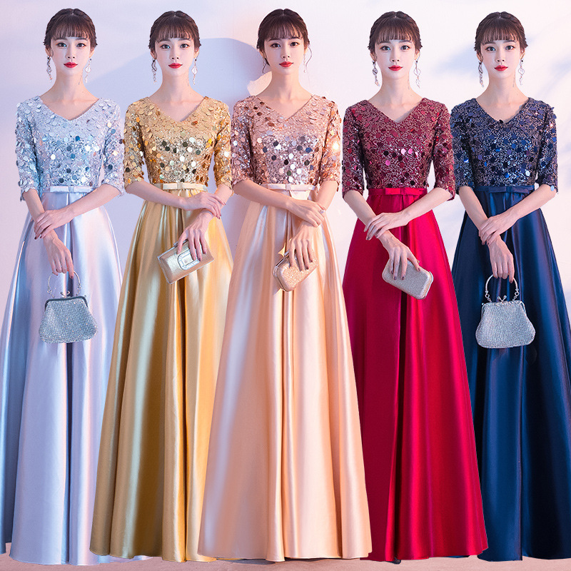 Golden Dress for Women 2026 New Style Choir Performance Host Dress Long Dress Red Song Chorus Competition Costume