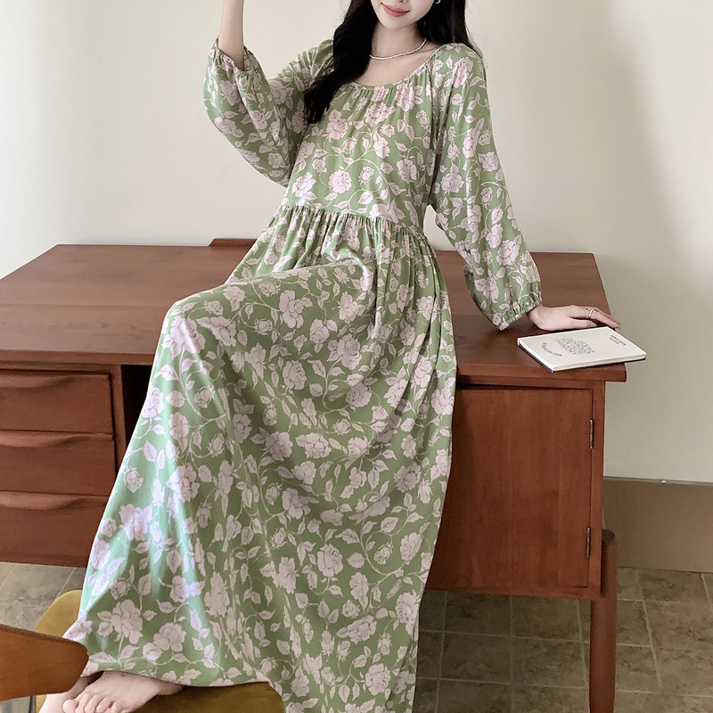 Romantic French-Style Green Floral Nightgown for Women, Summer Thin Cotton Silk Dress That Can Be Worn Outside, Vacation Long Dress, Fresh and Light Cotton Silk Dress