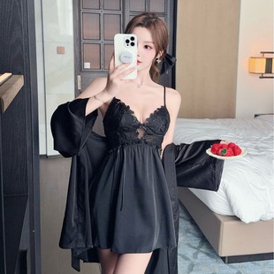 Sexy Women's Nightgown with Ice Silk, Chest Pad, Lace, Summer Backless Camisole Nightdress, Pure Desire Style Silk Loungewear