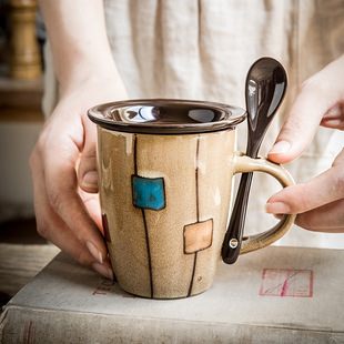 Retro Kiln-Turned Coffee Cup with Lid Spoon Personalized Ceramic Cup Office Water Cup Home Gift Drum Cup