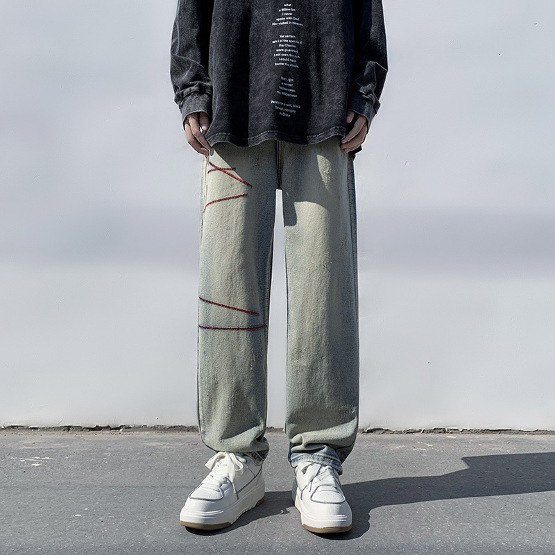 Pantalones de mezclilla de los hombres de primavera estilo coreano sueltos rectos jóvenes estilo de Hong Kong ins personalidad guapo pantalones de pierna ancha casual