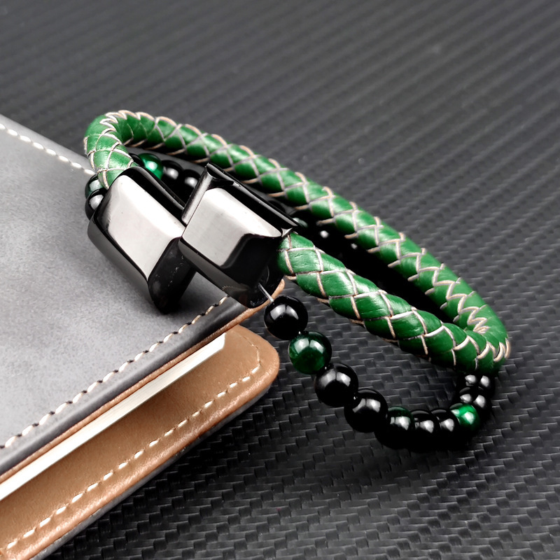 Custom Fashion Multi-Layer Beaded Green Tiger Eye Leather Woven Stainless Steel Magnet Men's Multi-Layer Bracelet