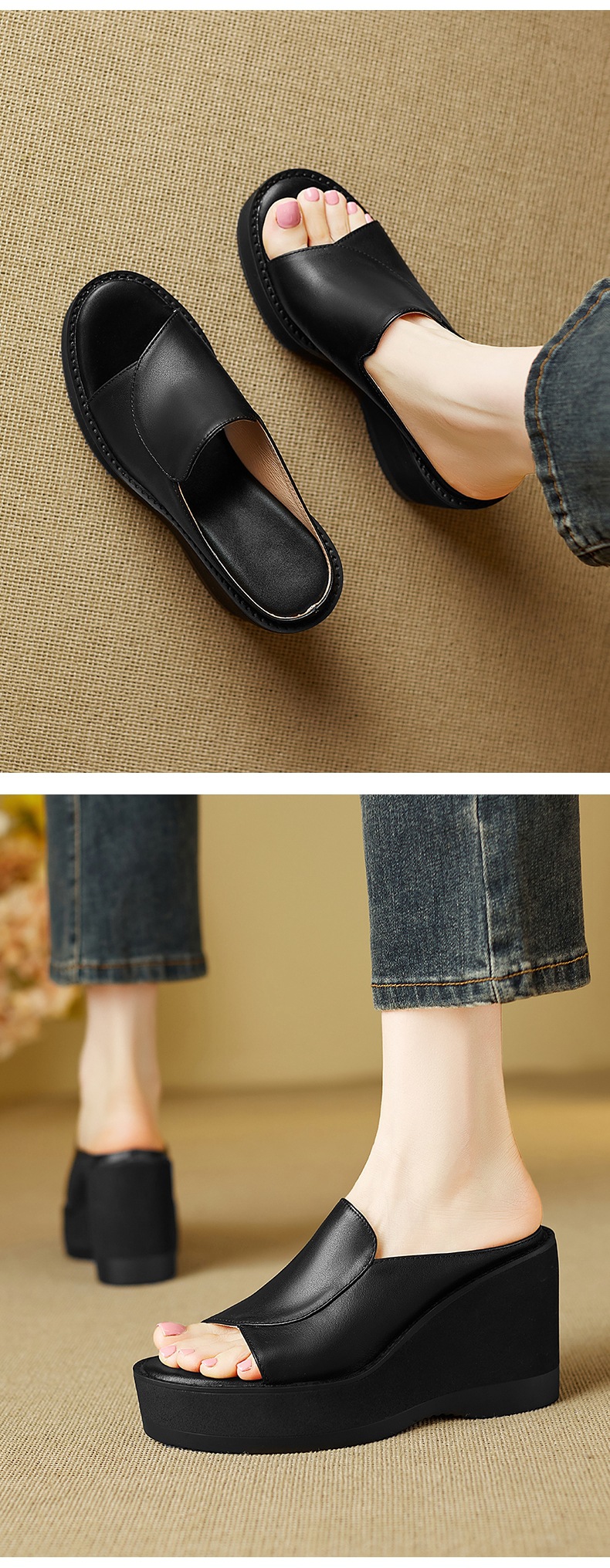 Dép sandal nữ quai chữ V đế xuồng cao gót 9 cm da bò mũi cá — đen chi tiết 6