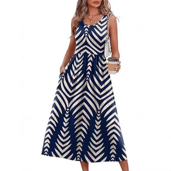 Women's Summer Dress, Flowy Casual Mid-Length Dress, Beach Vacation Tank Dress with Pockets