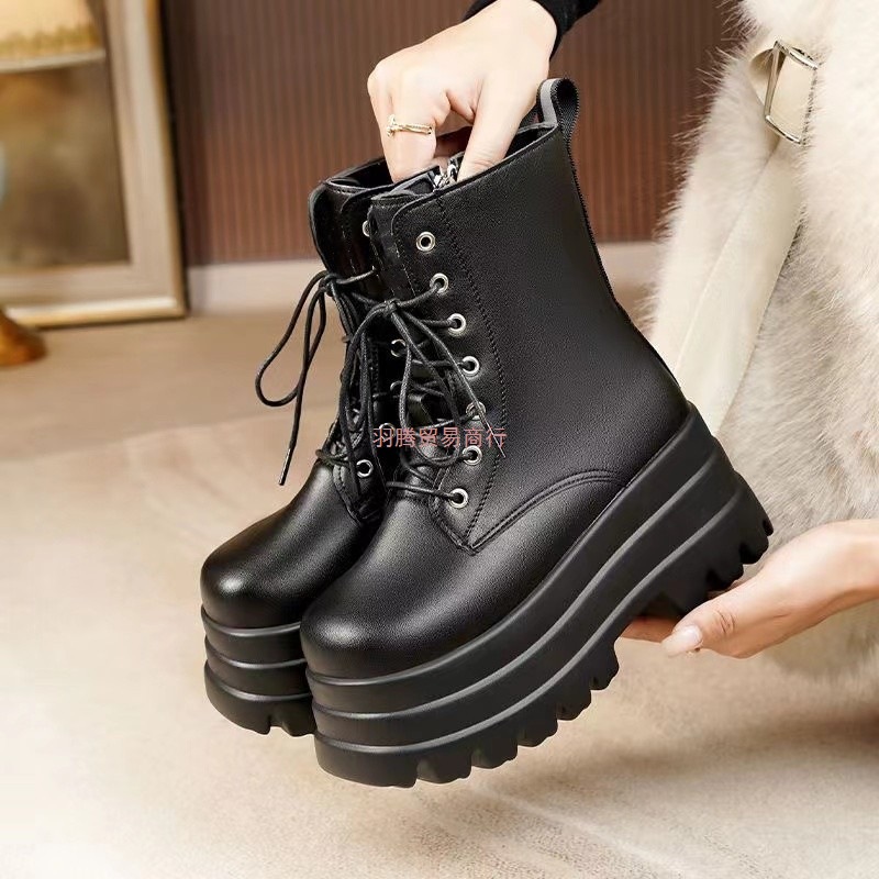 真皮cos鞋20cm增高显腿细厚底鞋9cm英伦风厚底新款短靴短筒马丁靴