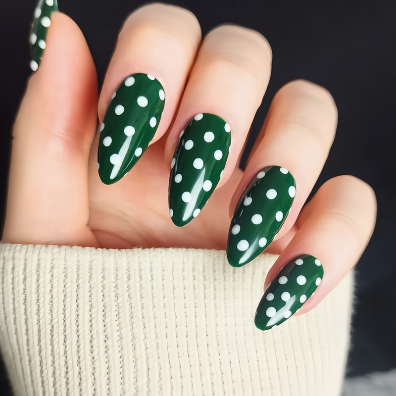 Cross-Border European and American Fashion White Polka Dot Green Press-On Nails, Same Style as on Instagram, Grass Green Nail Art, 24 Pieces