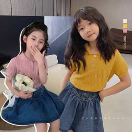 高级感女童装冰丝翻领毛织短袖上衣薄儿童夏新款甜美休闲针织衫