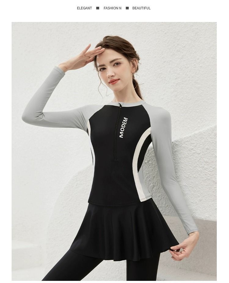 GraceChic Women's Swimsuit 2025 New Long Sleeve Sun Protection Three-Piece Set Ladies Two-Piece Conservative High-End Feel Hot_voghion.com