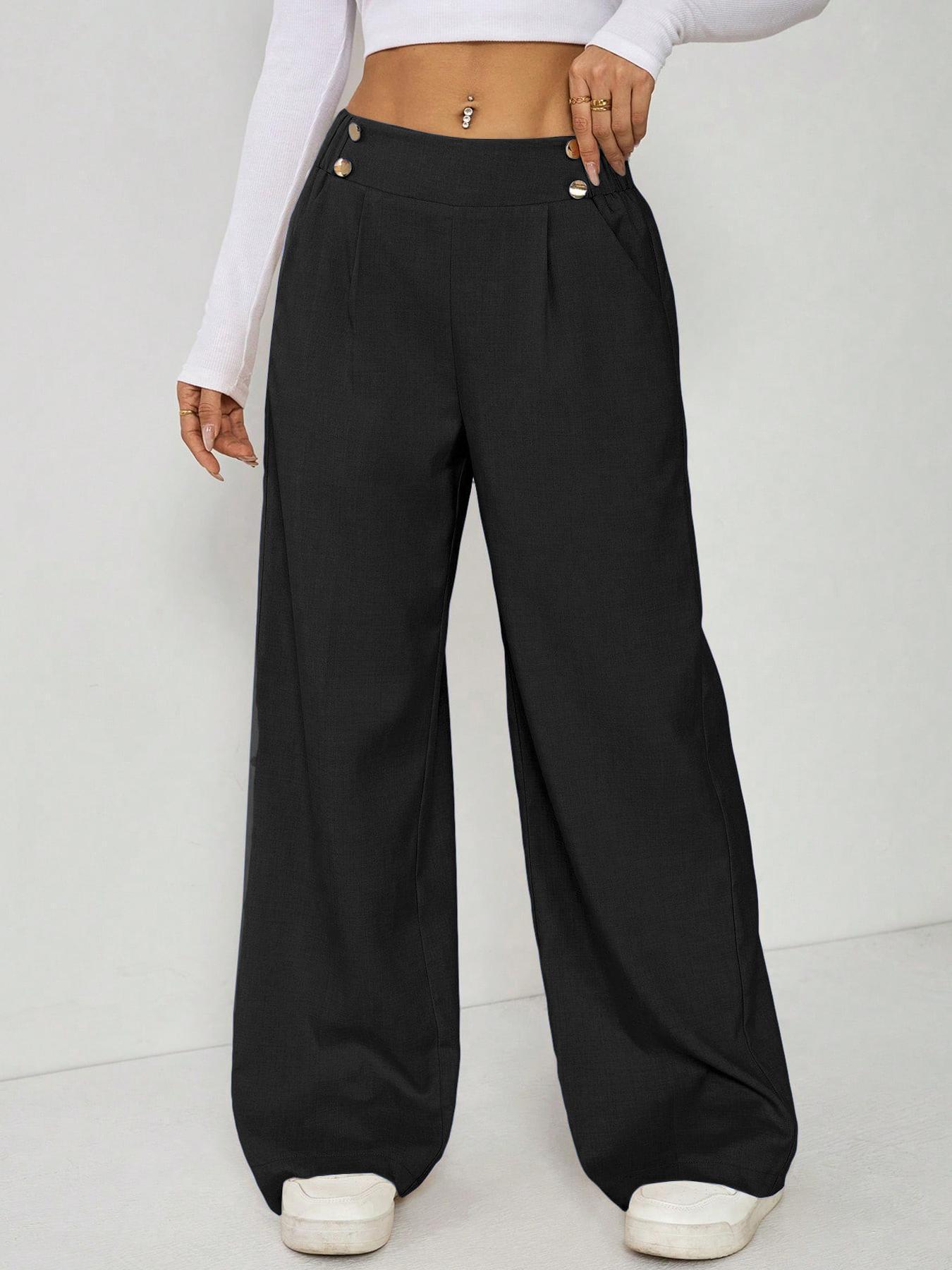 Women's Wide Leg Straight Leg Trousers Casual Fashion European American Style Button Decoration Commuting Pants_ecoleips.com