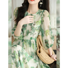 唯美印花法式真丝连衣裙 女夏季100乔其桑蚕丝收腰显瘦七分袖长裙