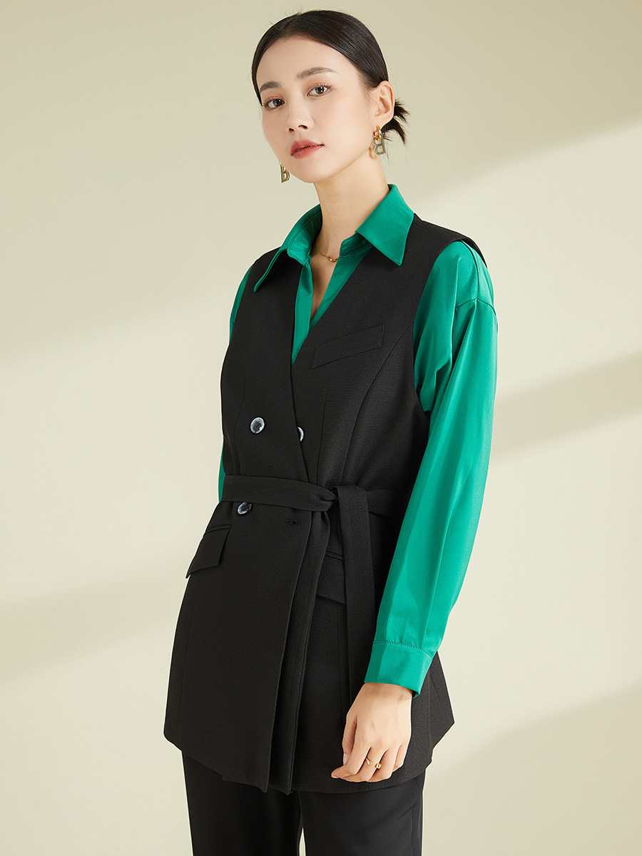 Áo vest gile nữ kiểu Pháp dáng rộng không tay — Màu đen (không bao gồm cổ áo)