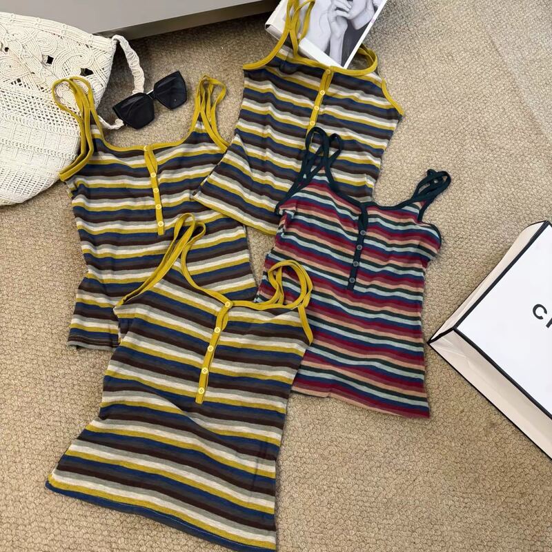 Striped Dopamine Color-Block Double Strap Tank Top with Buttons, 2026 Autumn New Women's Sleeveless Top with Fine Half-Button Closure Striped Dopamine Color-Block Double Strap Tank Top with Buttons, 2026 Autumn New Women's Sleeveless Top with Fine Half-Button Closure