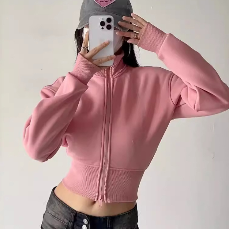 Zipper hooded short sweater coat for women Spring and Autumn slim fit high waist American gray waist tight sports cardigan top