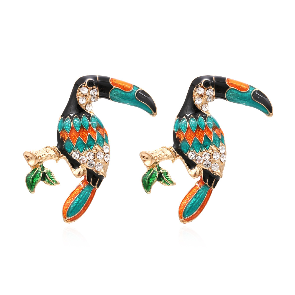 1 Pair Cartoon Style Parrot Enamel Alloy Ear Studs display picture 1