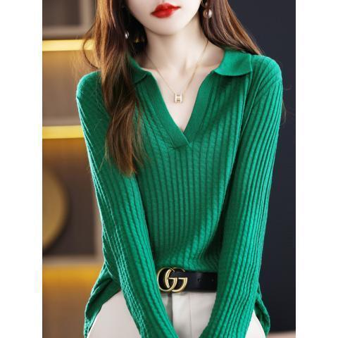 Autumn and Winter Women's Versatile Cotton Knit Sweater 2025 New Polo Collar Ribbed Base Shirt Casual Sweater